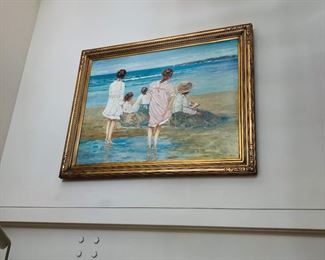 Franklin Edward Morris large oil on canvas, signed F. E. Morris, "Beach Scene", American  1938-2009