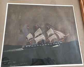 Folk art drawing of the U.S.S. Richmond, Pacific Ocean 1871, signed J.S. Mothersall ? U.S. Navy