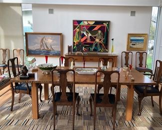 View of dining room, with a dining table and sideboard made by local artisan carpenter Rutkowski Furniture Studios. Set of 10 dining chairs being sold separately. Rug for sale also! 