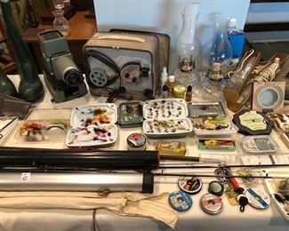 Fly fishing lures and a few rods, good men’s outdoor boots etc