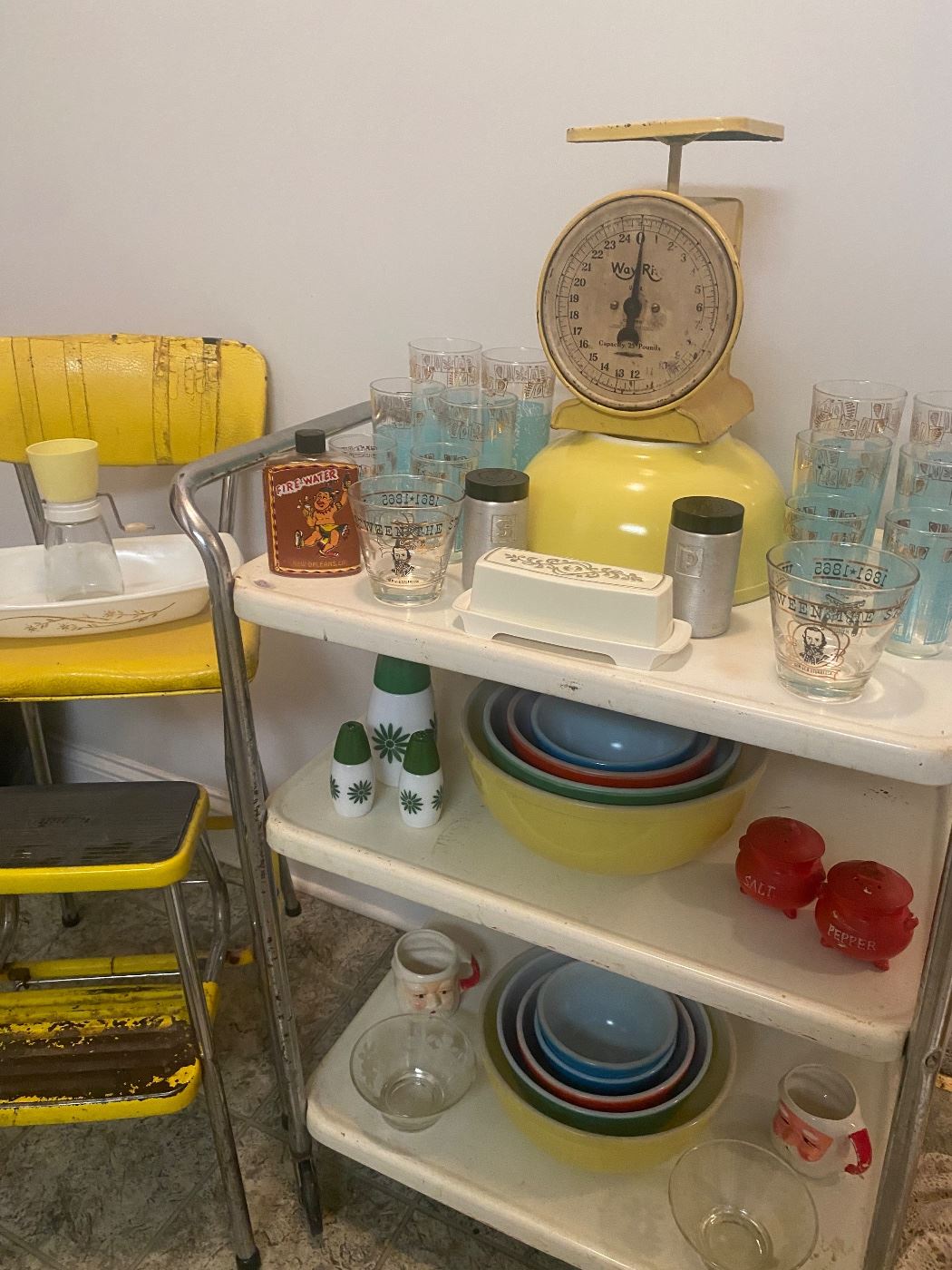 Fabulous Vintage Cosco Rolling Metal Cart and Step Stool!
Pyrex Primary Colors Nesting Bowls!