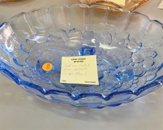 INDIANA GLASS FOOTED BLUE HARVEST GRAPE BOWL