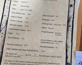 Certificate Of Authenticity For “ Manta Ray” Bronze Sculpture 