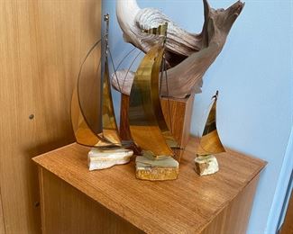 2 Vintage Signed DeMott Brass and Onyx Sailboat Sculptures, 1 C. Jere Brass and Onyx Sailboat Sculpture, Also Pictured “Marsh Keeper” Limited Edition 2673/5000 2986 Signed Artist Rick Cain