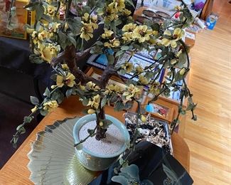 Large Oriental Jade And Glass Yellow Flowered Tree, Asian Jade Tree, Vintage Jade Tree