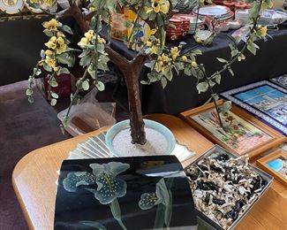 Vintage Asian Jade Tree, Vintage Pier 1 Black Laquered Box/Chest With A Hummingbird on the latch