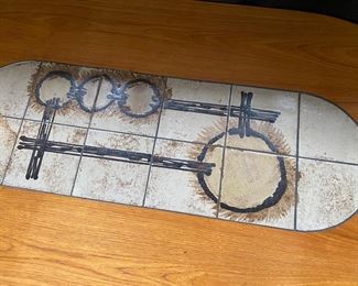 Teak Coffee Table With Ceramic Artwork Inlay Signed