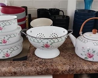 Enamelware colander, tea kettle, serve & storage bowls