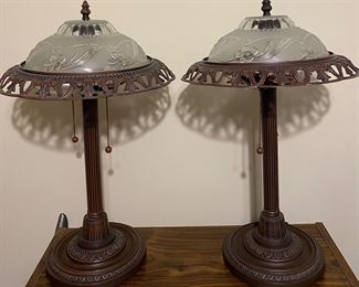 Bronzed Floral Lamps • Satin Glass Shades 