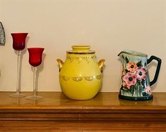Southwest Cracker Barrel Stoneware Teapot, Hall’s Superior Cookie Jar, 1980’s Capodimonte Leslie Cox 3D Ceramic Pitcher, Hobnail Milk Glass Candle Holder 
