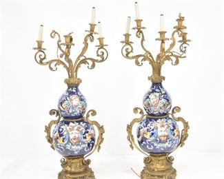 (Pr) LARGE MAJOLICA & BRONZE CANDELABRAS 