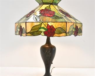LEADED GLASS LAMP WITH BRONZE IRIS BASE 