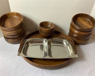 MCM Solid Black Walnut Salad Bowl Set