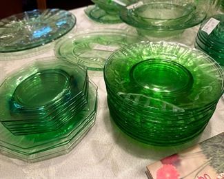 Vintage Uranium Glass Green Depression 8" salad plates