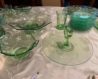 Green Depression Glass, etched
