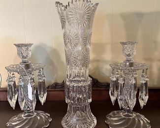 Fine American Brilliant Cut Glass Vase, Duncan and Miller candlesticks