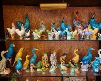 Antique Chinese ducks, mud men, roosters, fish