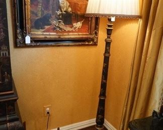 Antique Chinoserie floor lamp, kitten painting