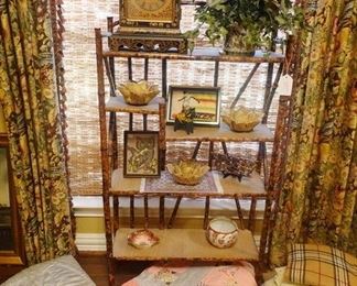 Antique bamboo stand, quilt, accessories