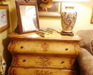 Bombay painted chest, antique shop mirror, Asian lamp