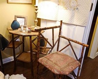 Antique bamboo table, side chair