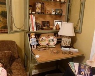 Antique secretary, antique miniature dolls