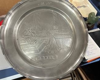 Judaica Pewter Plate - inscribed in Hebrew