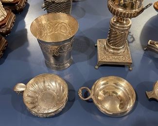 Silver - French antique silver 1880s, French Urn silver with man - 1800's - Spanish pieces 8, wine tasting cup Scottish, Irish Glasgow wine - thistle motif - Tiffany silver scale motif wine cup