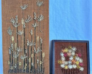 Vintage 1970s Fiber Art On Burlap (2 Pieces)