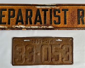 Vintage Collectible Separatist Road Street Sign & New Hampshire Car License Plate
Lot #: 127