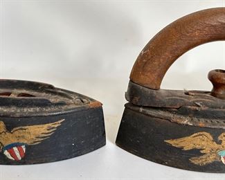 Vintage Cast Iron Open Fire Hearth Pot & Irons, 2 With Hand Painted American Eagles (6 Pieces)
Lot #: 103