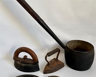 Vintage Cast Iron Open Fire Hearth Pot & Irons, 2 With Hand Painted American Eagles (6 Pieces)
Lot #: 103