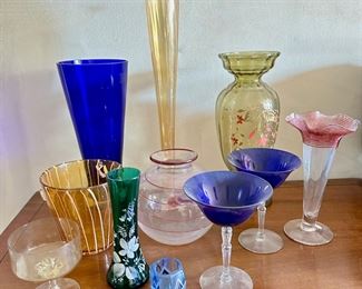 VIntage Colored Glass Vases, Wine Glasses, Ice Bucket & More, Some Hand Blown & Hand Painted (10 Pieces)
Lot #: 60