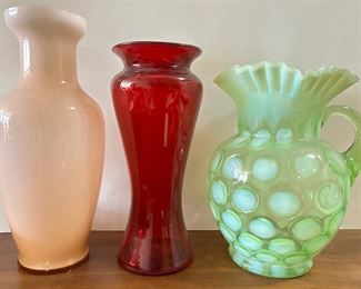 Vintage Fenton Style Vaseline Green Pitcher & Colored Glass Vases (3 Pieces)
Lot #: 45