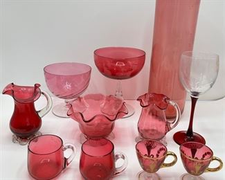 Vintage Cranberry Glass Vase, Cups, Wine Glasses, & Pitchers, Some Hand Blown (11 Pieces)
Lot #: 47