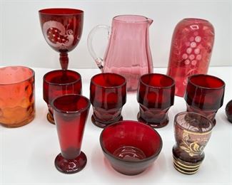 Vintage Cranberry Glass Cups, Wine Glass, Pitcher & Lamp Shade (11 Pieces)
Lot #: 59