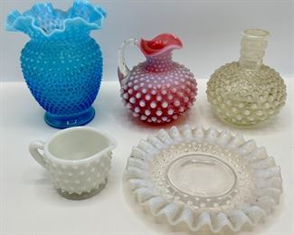 Vintage Colored Hobnail Glass Vases, Pitcher & Plate (5 Pieces)
Lot #: 46