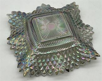 Federal Silver Iridescent Carnival Glass Trinket Dish With Ripple Edge
