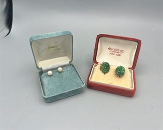 Jade & Pearl Earrings Stamped “750FB” Clip On Earrings
