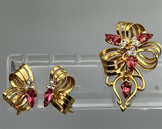 Matching Earrings & Brooch In Gold Tone & Pink
