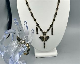 Vintage Japanese Komai Damascene Butterfly Jewelry Set
