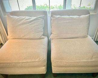 Pair of tan coastal-style armless chairs with contrasting striped cording (sofa, armchair, and two chairs are all recently upholstered in coordinating fabric, and in near-perfect condition)