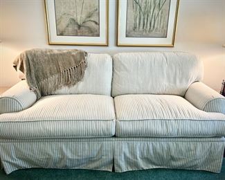 Tan and white striped coastal-style sofa (sofa, armchair, and two chairs are all recently upholstered in coordinating fabric, and in near-perfect condition)