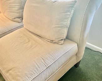 Pair of tan coastal-style armless chairs with contrasting striped cording (sofa, armchair, and two chairs are all recently upholstered in coordinating fabric, and in near-perfect condition)