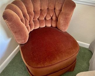 1 of 2 brown velvet slipper chairs