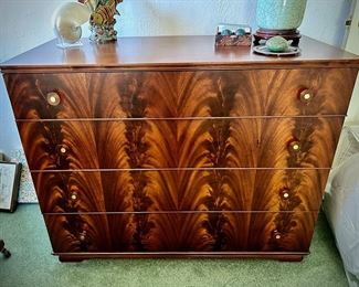 Antique flame mahogany (?) dresser and matching nightstand