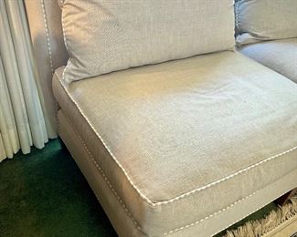 Pair of tan coastal-style armless chairs with contrasting striped cording (sofa, armchair, and two chairs are all recently upholstered in coordinating fabric, and in near-perfect condition)