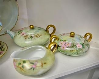 Antique Limoges china - green w/pink flowers