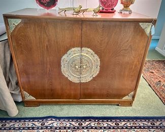 Late 40s/early 50s custom-made Japanese buffet. Four drawers for silver, multiple storage shelves. Brass lock. 
