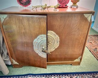Late 40s/early 50s custom-made Japanese buffet. Four drawers for silver, multiple storage shelves. Brass lock. 